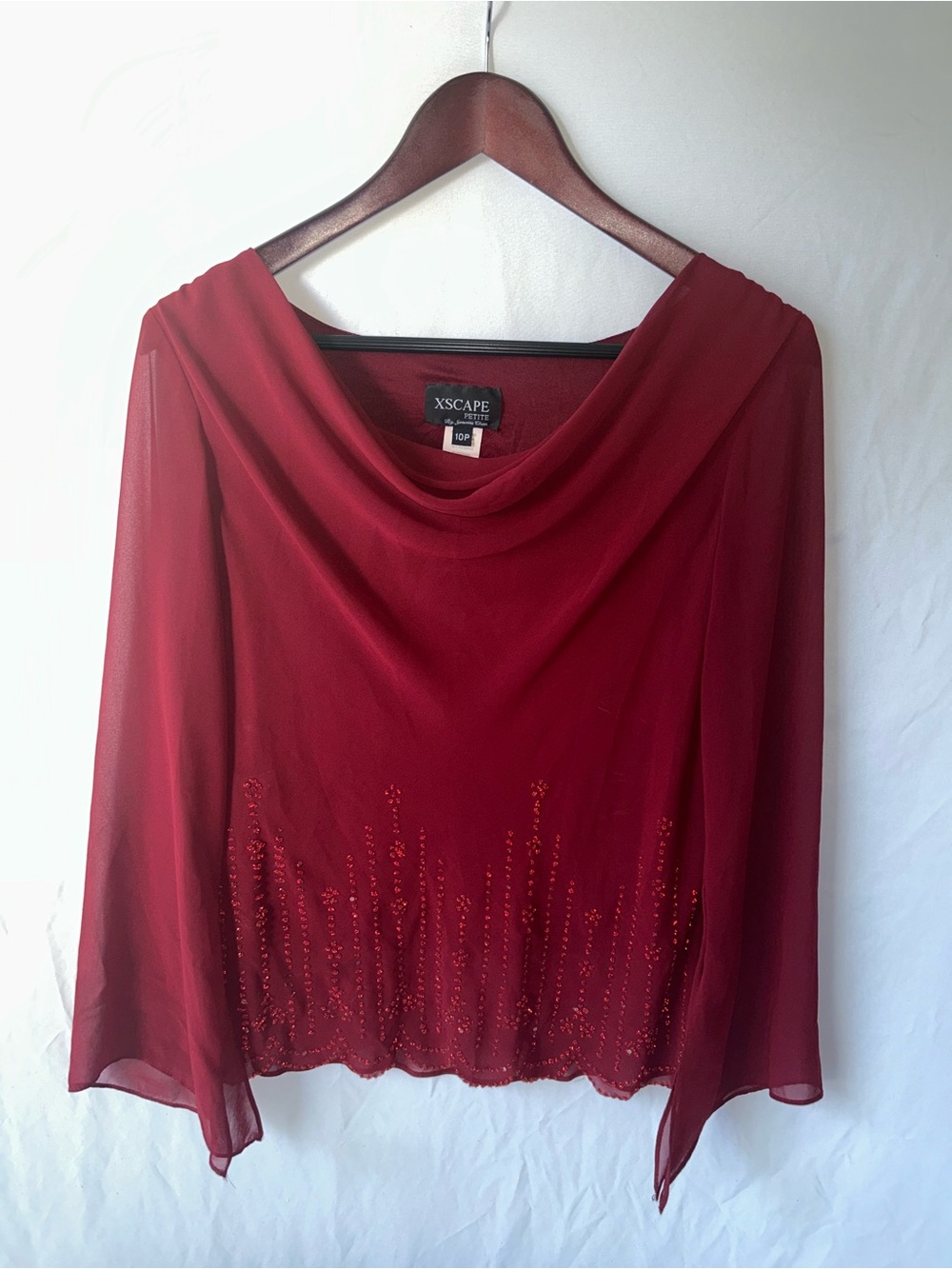 Xscape Petite by Joanna Chen 10P Red Beaded Cowl Neck Shirt Merlot Vampire Top